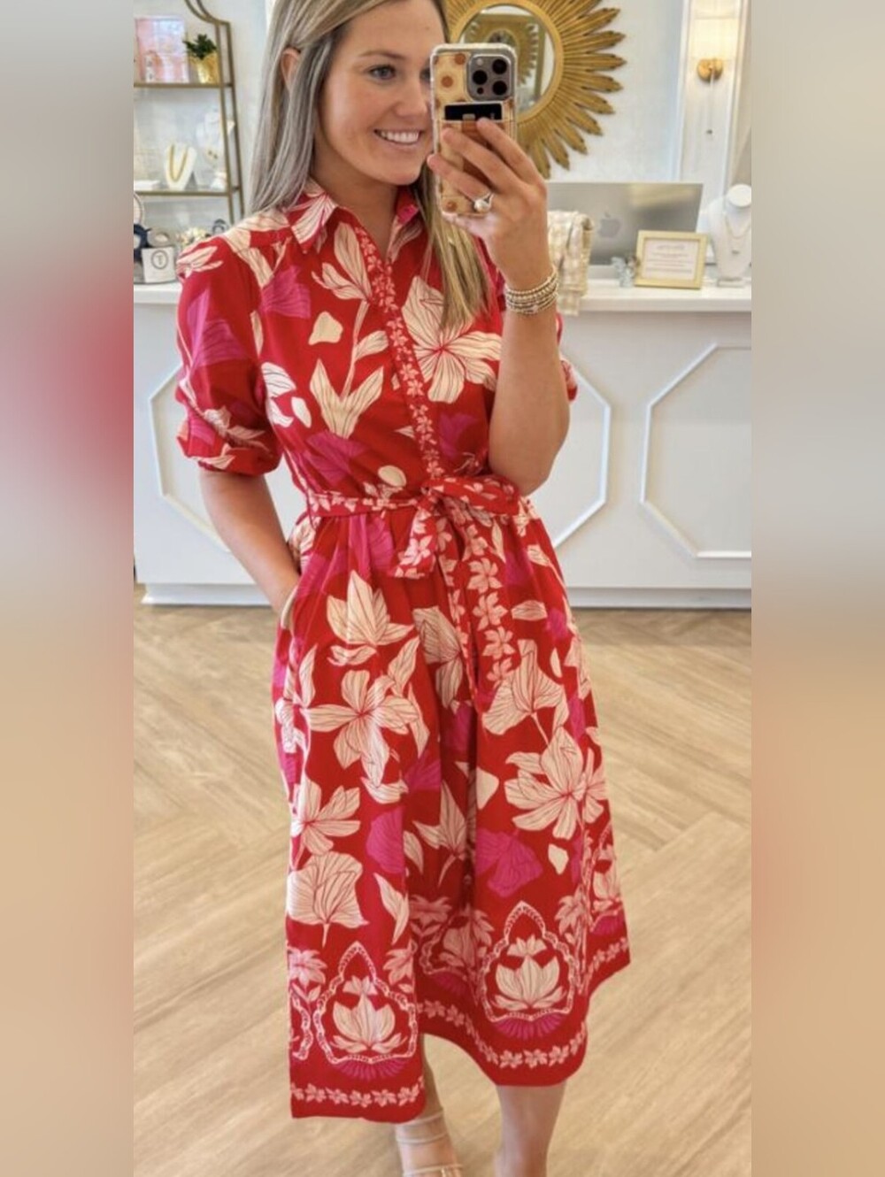 Maude Vivante XL NWT Red Floral Shirt Dress with Tie Waist PTP 21